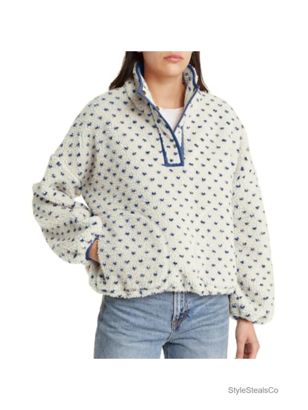 Fleece Pullover Sherpa High Neck Snap Button Sweatshirt